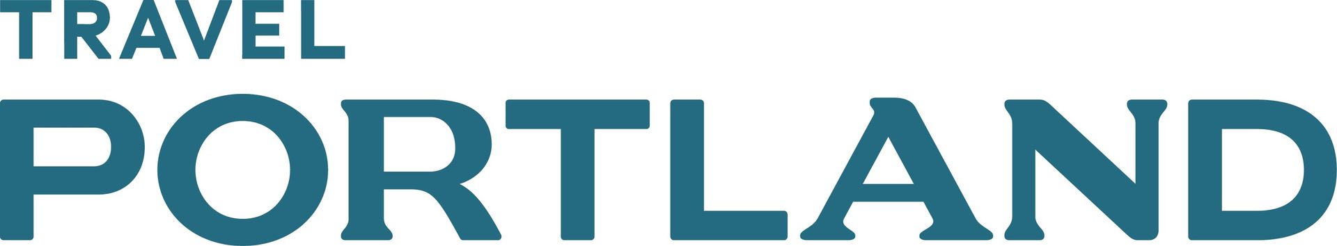 The logo for travel portland is blue and white on a white background.