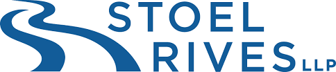 A blue and white logo for stoel rives llp