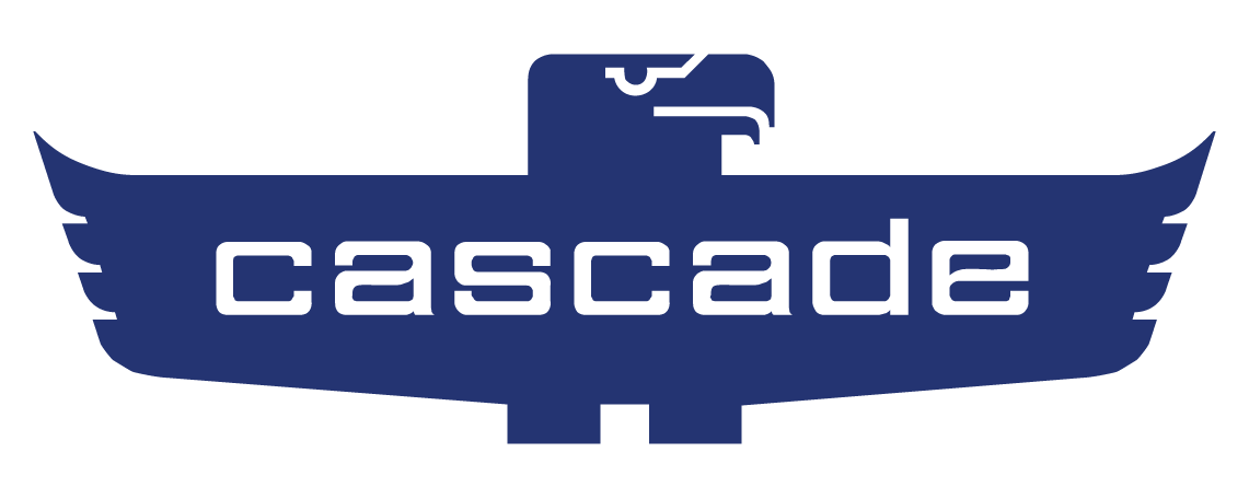 A blue logo for cascade with an eagle on it