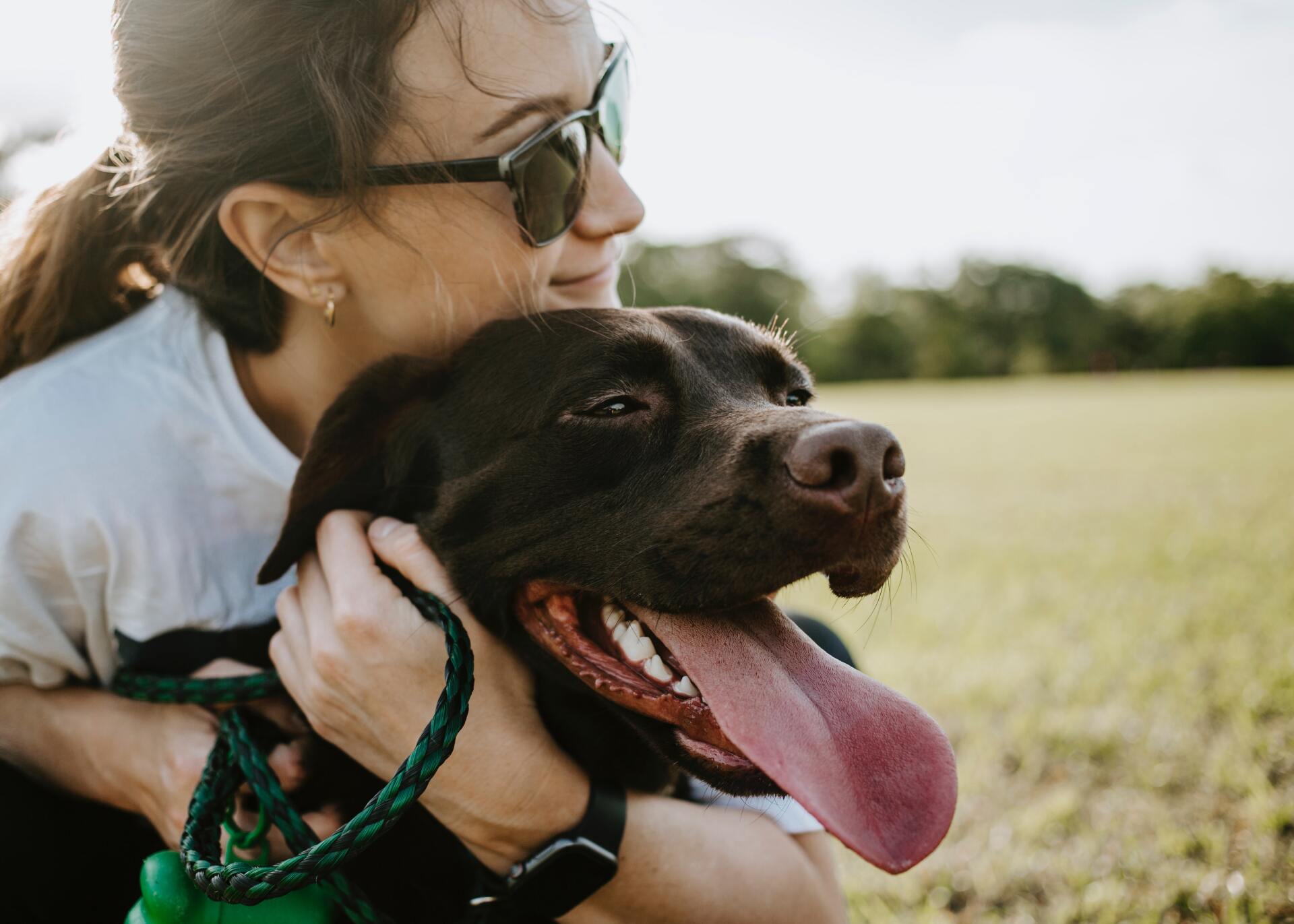 A woman is hugging a brown dog in a field.