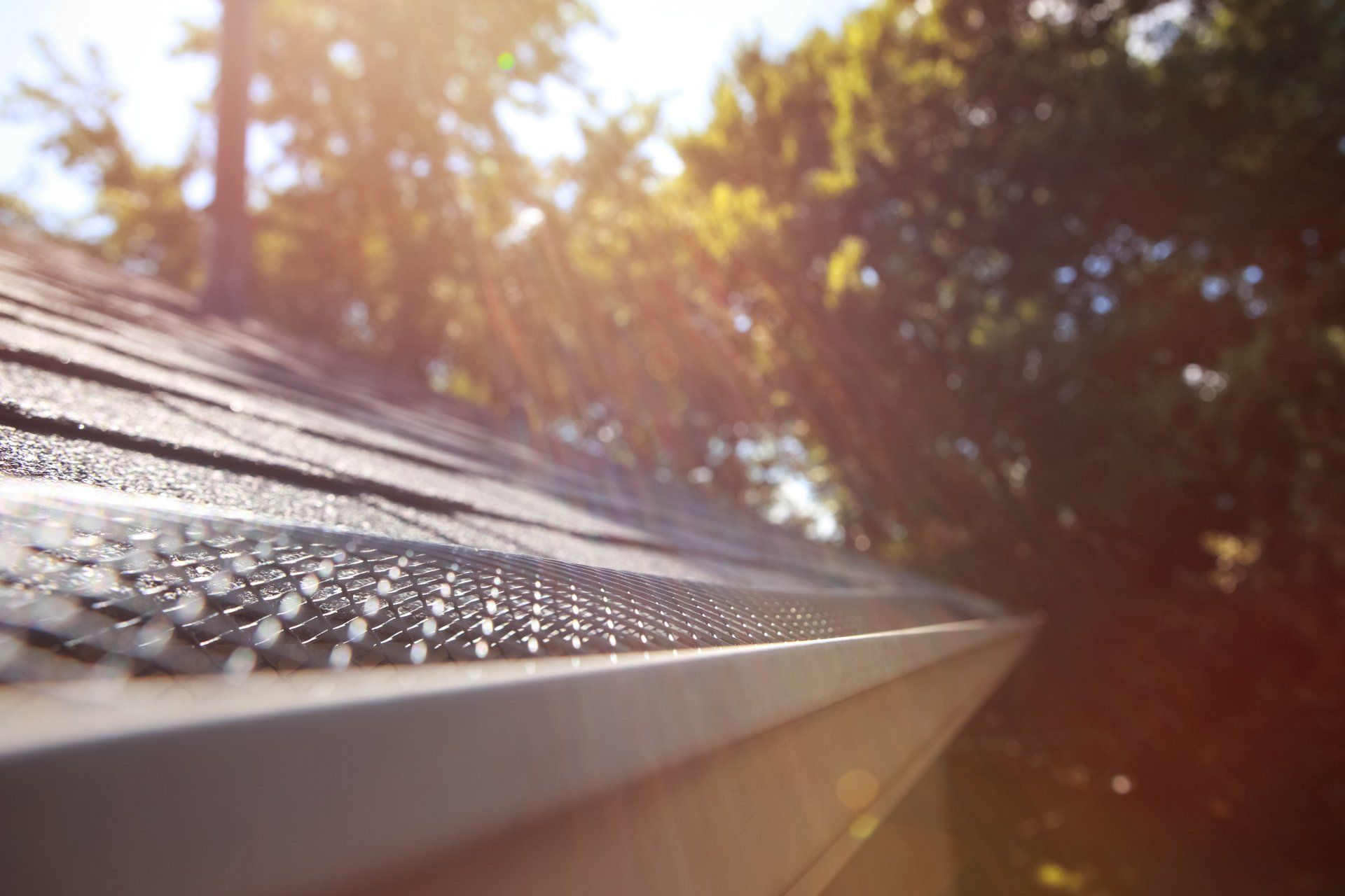 A close up of a gutter on a roof with water drops on it.