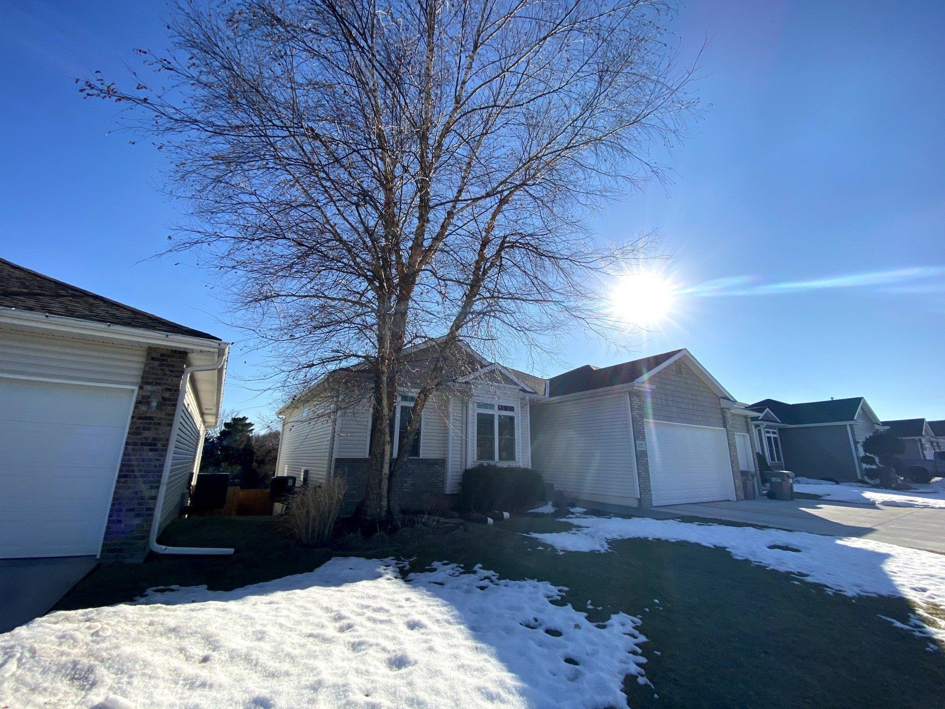 A house with a tree in front of it and snow on the ground.