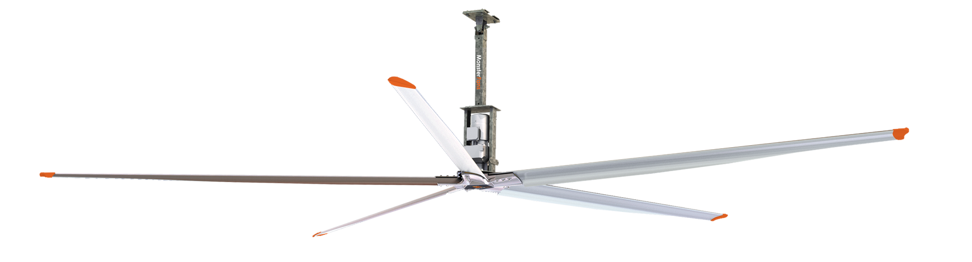 A large ceiling fan is hanging from the ceiling on a white background.