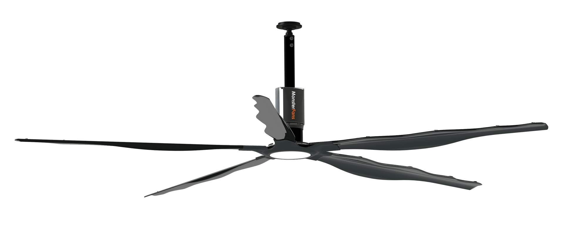 A large ceiling fan is hanging from the ceiling on a white background.