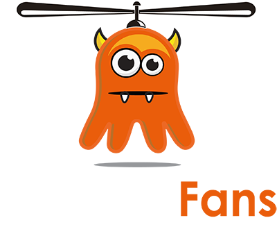 A cartoon monster is hanging from a helicopter with the words fans below it