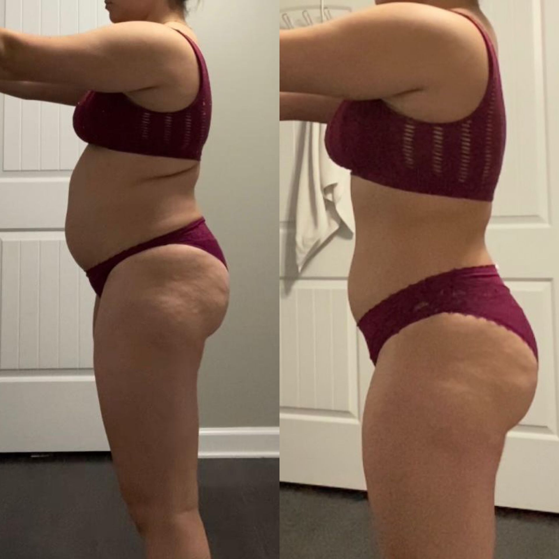 Side-by-side comparison showing a woman in burgundy lingerie. Left side shows before: a fuller figure. Right side: a slimmer figure with defined curves.