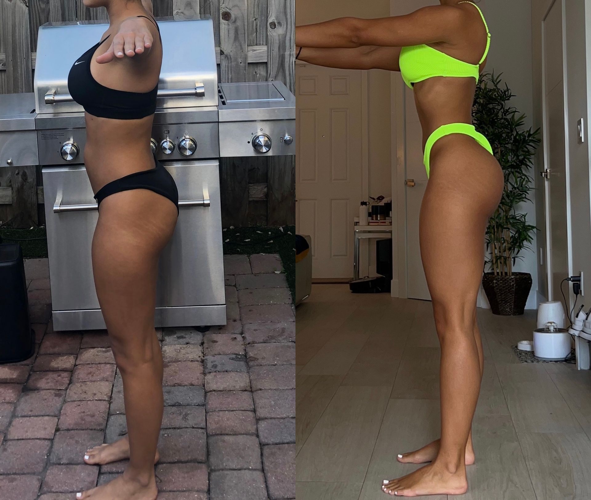 Before and after side-by-side photos of a woman in workout clothing. She appears to have gained muscle mass. The setting changes from outdoors to indoors.