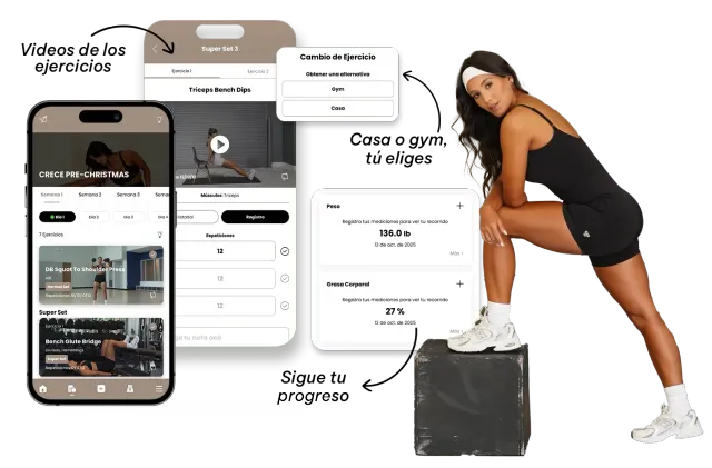 Woman exercising, phone apps showing workout videos and progress tracking.