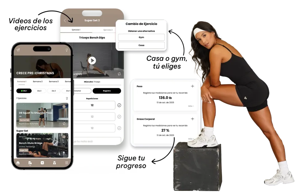 Woman in workout clothes using an app on her phone while balancing on a box; app shows exercise videos and progress tracking. CRECE Planes de entrenamiento y nutrición