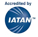 A blue circle with the words `` accredited by iatan '' on it.