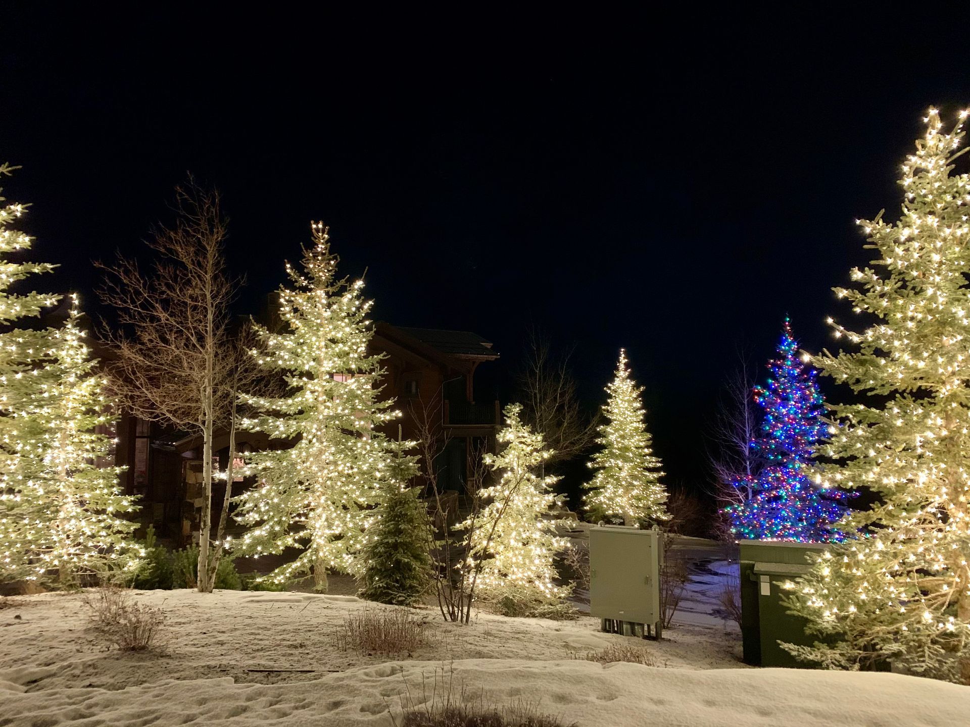 A large house is decorated with christmas lights in the snow.