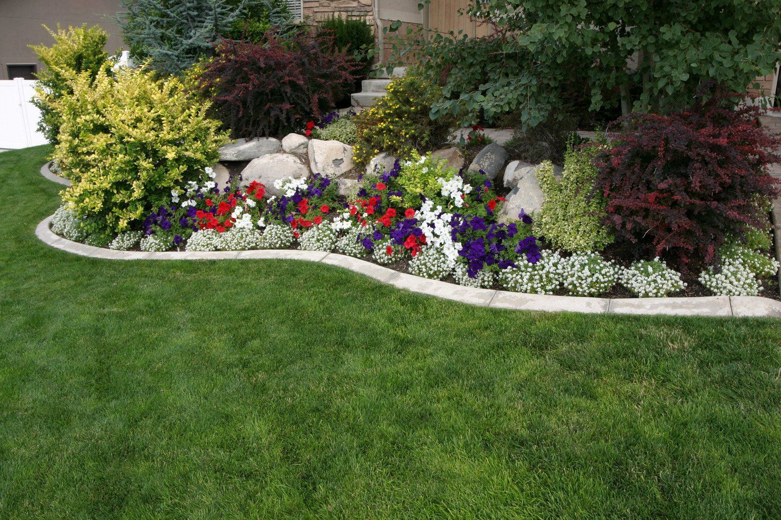 A lush green lawn with a flower bed in the middle of it.