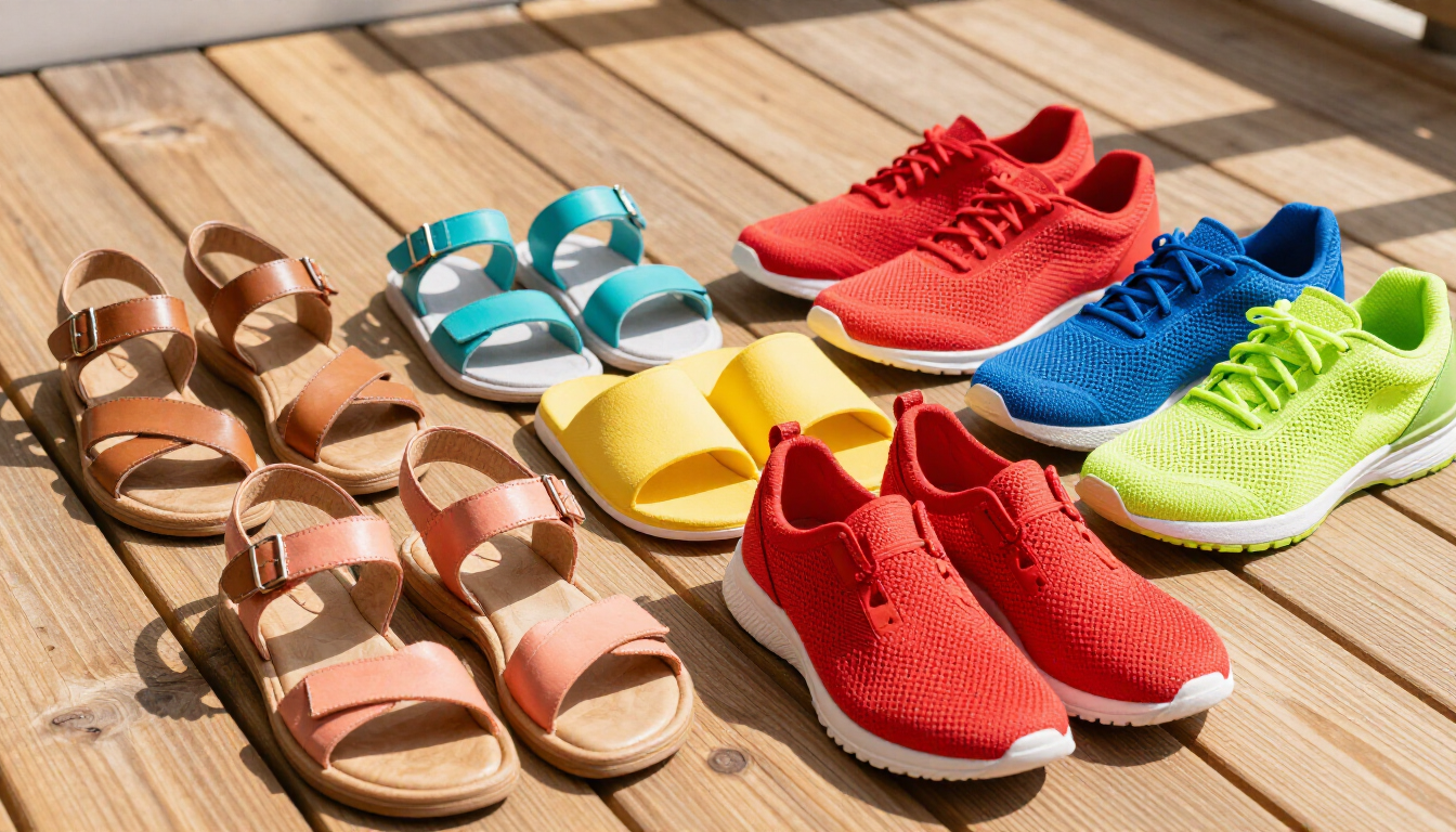 A collection of summer footwear on a sunny wooden deck.