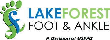 Logo for Lakeforest Foot and Ankle Center with a caduceus symbol and blue text.