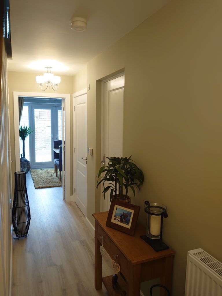 A hallway with light wood flooring, beige walls, a small wooden console table with a plant, and a doorway to a bright room.