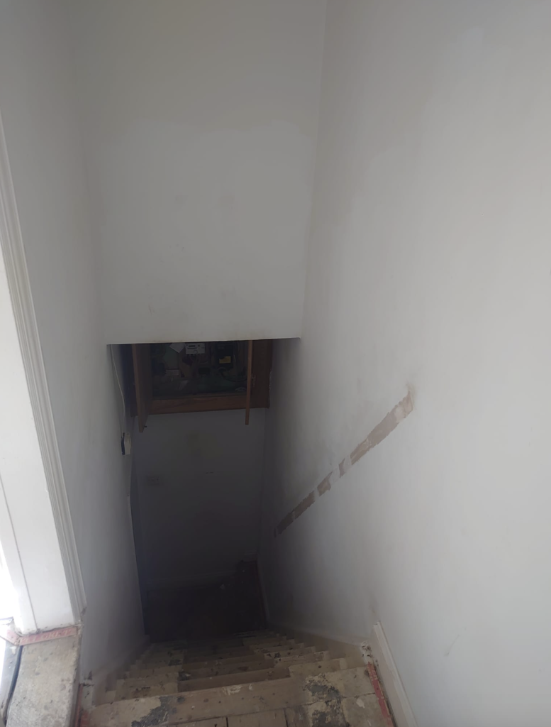 A steep, dimly lit indoor staircase with white walls, unfinished steps, and a partially open storage door at the top.