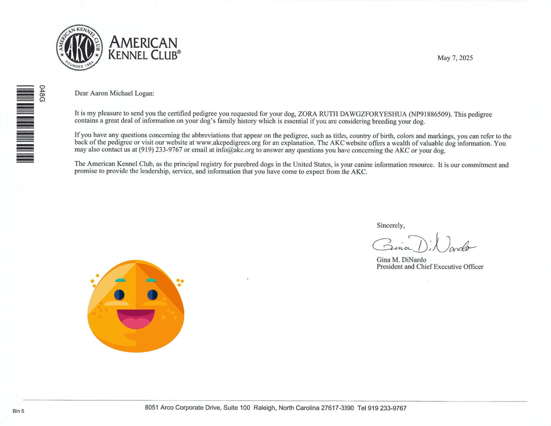 Letter from the American Kennel Club, a cheerful orange geometric character, and a barcode.