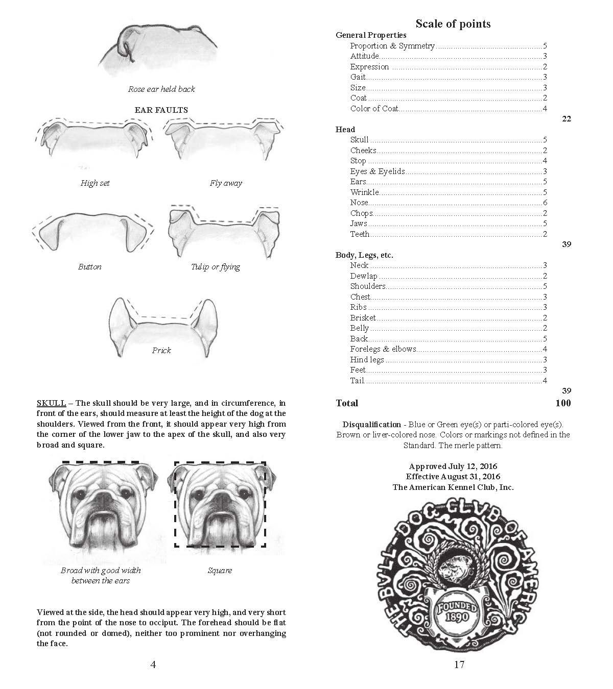 Diagram illustrating dog ear types, a chart with traits, bulldog head shapes, and a decorative design.