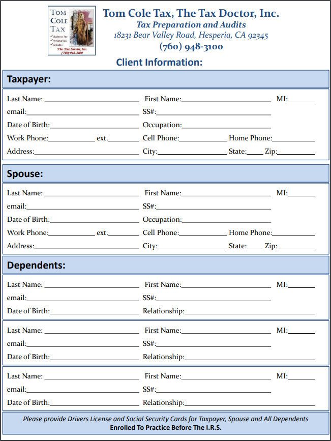 Tom Cole Tax, The Tax Doctor, Inc. Form