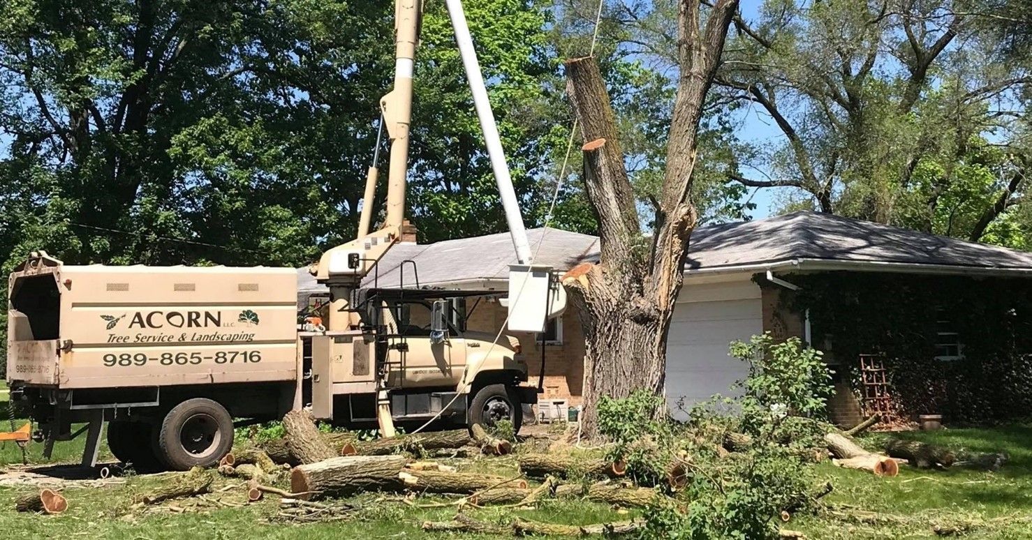 A Truck Is Cutting a Tree in Front of a House — St. Charles, MI — Acorn Tree Service & Landscape Inc