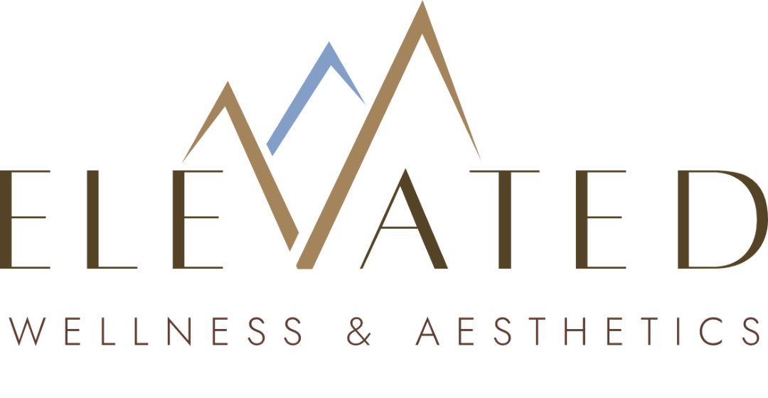 A logo for elevated wellness and aesthetics with mountains in the background