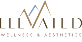 A logo for elevated wellness and aesthetics with mountains in the background