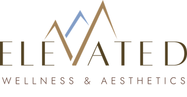 A logo for elevated wellness and aesthetics with mountains in the background