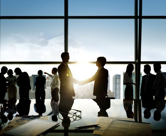 Group of business people and men handshake