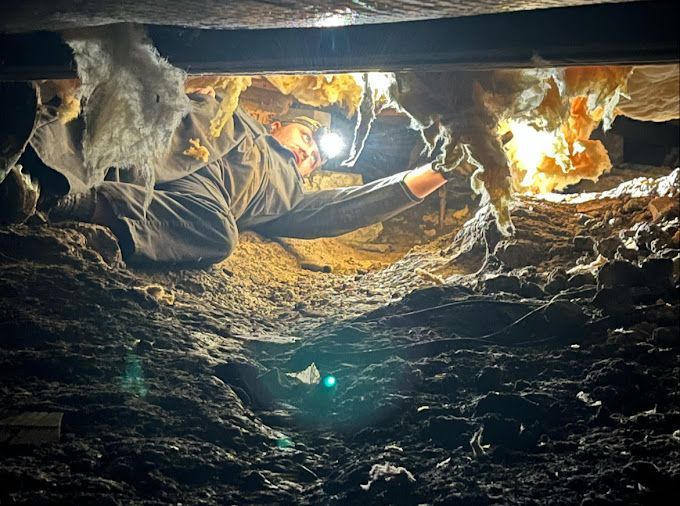 A man is crawling under a house with a flashlight.