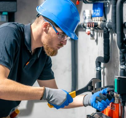 Plumber in a blue hard hat inspecting pipe fittings.