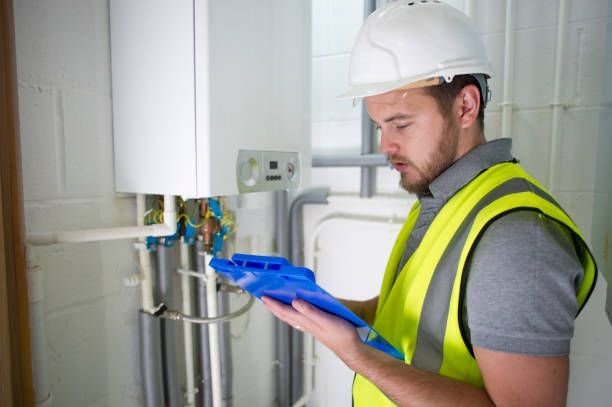 Inspector with a clipboard checking a boiler system.