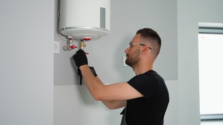 Plumber installing a white electric water heater.