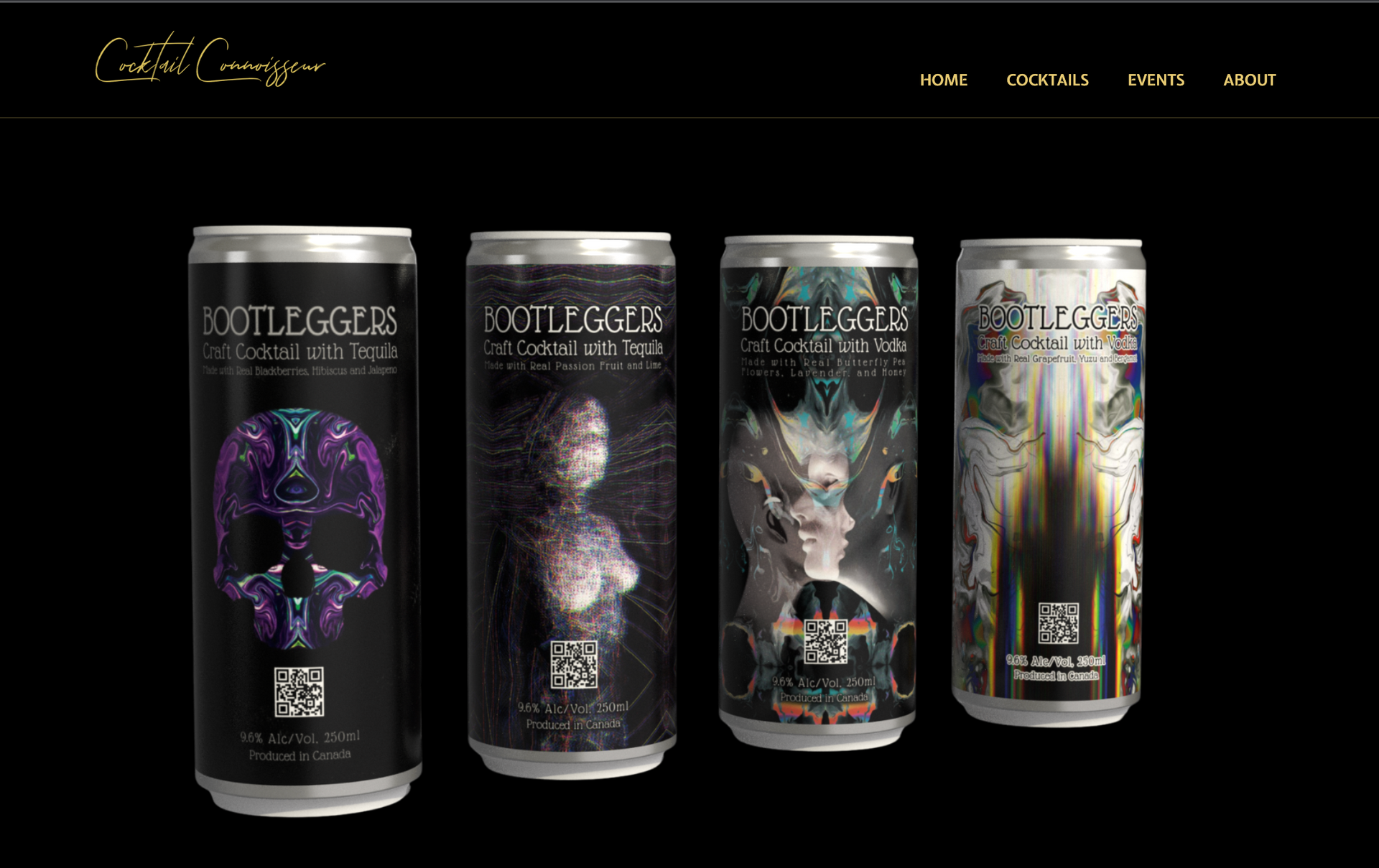 Four cans of beer are sitting next to each other on a black background.