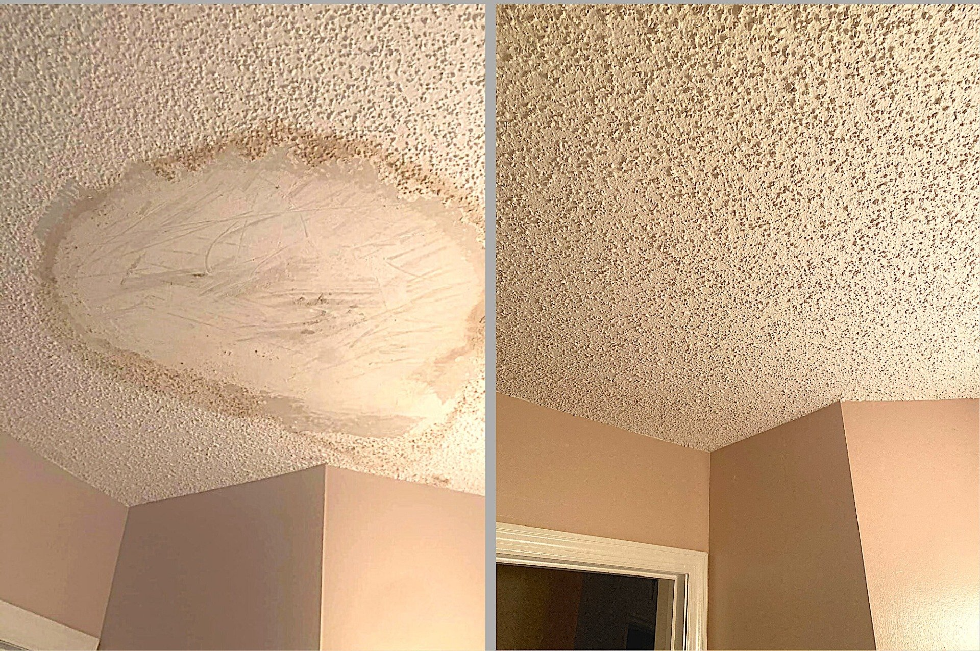 Water stain on a textured ceiling, next to a corner with peach-colored walls.