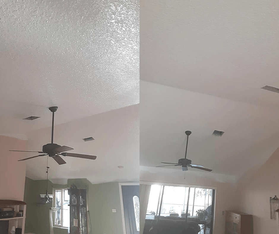 Ceiling before and after texturing removal; ceiling fans and recessed lights in both views.
