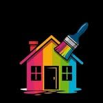 Casa colorida pintada con un pincel de arco iris, fondo negro.