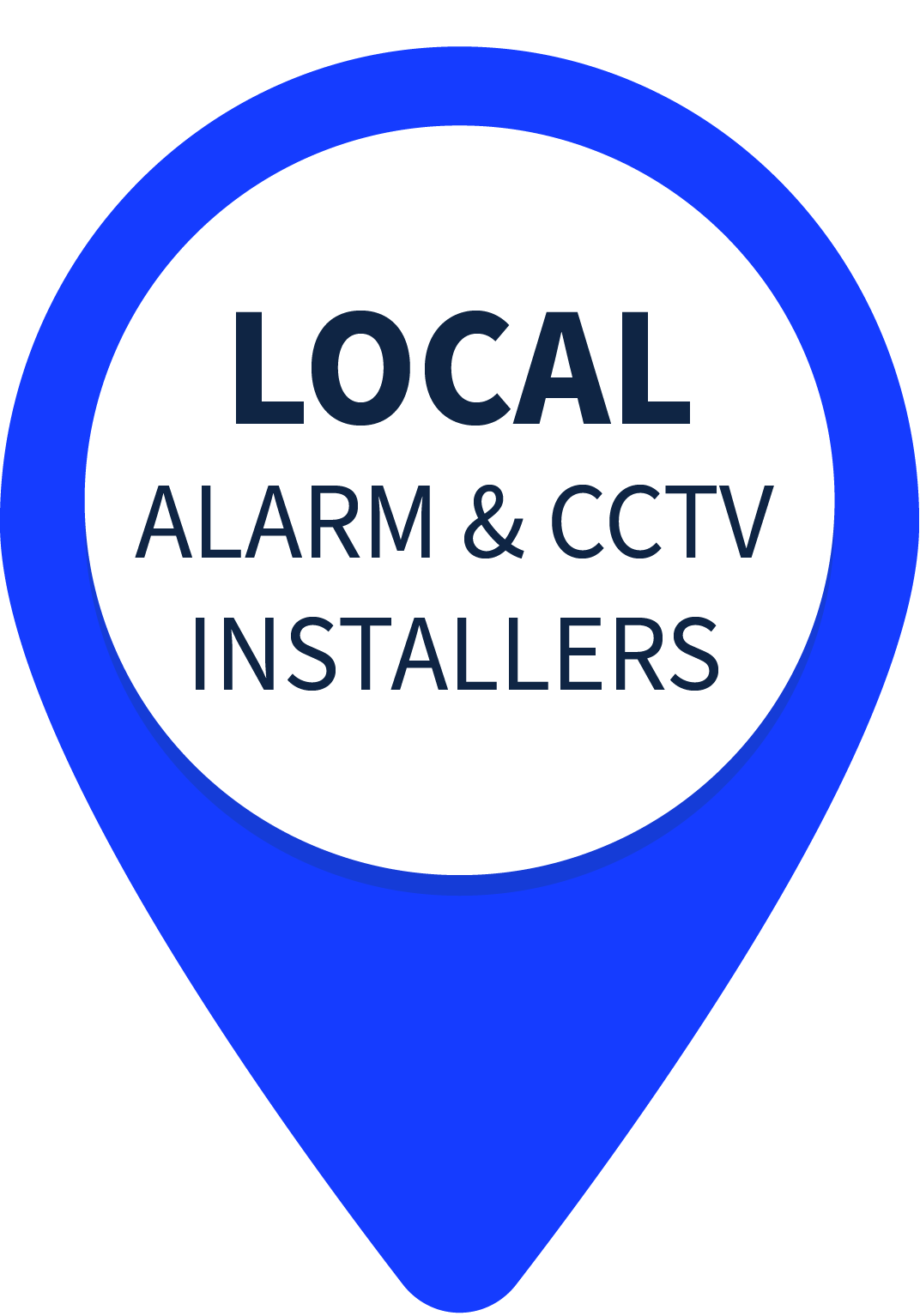 A blue pin with the words `` local alarm & cctv installers '' on it.