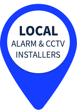 A blue pin with the words `` local alarm & cctv installers '' on it.