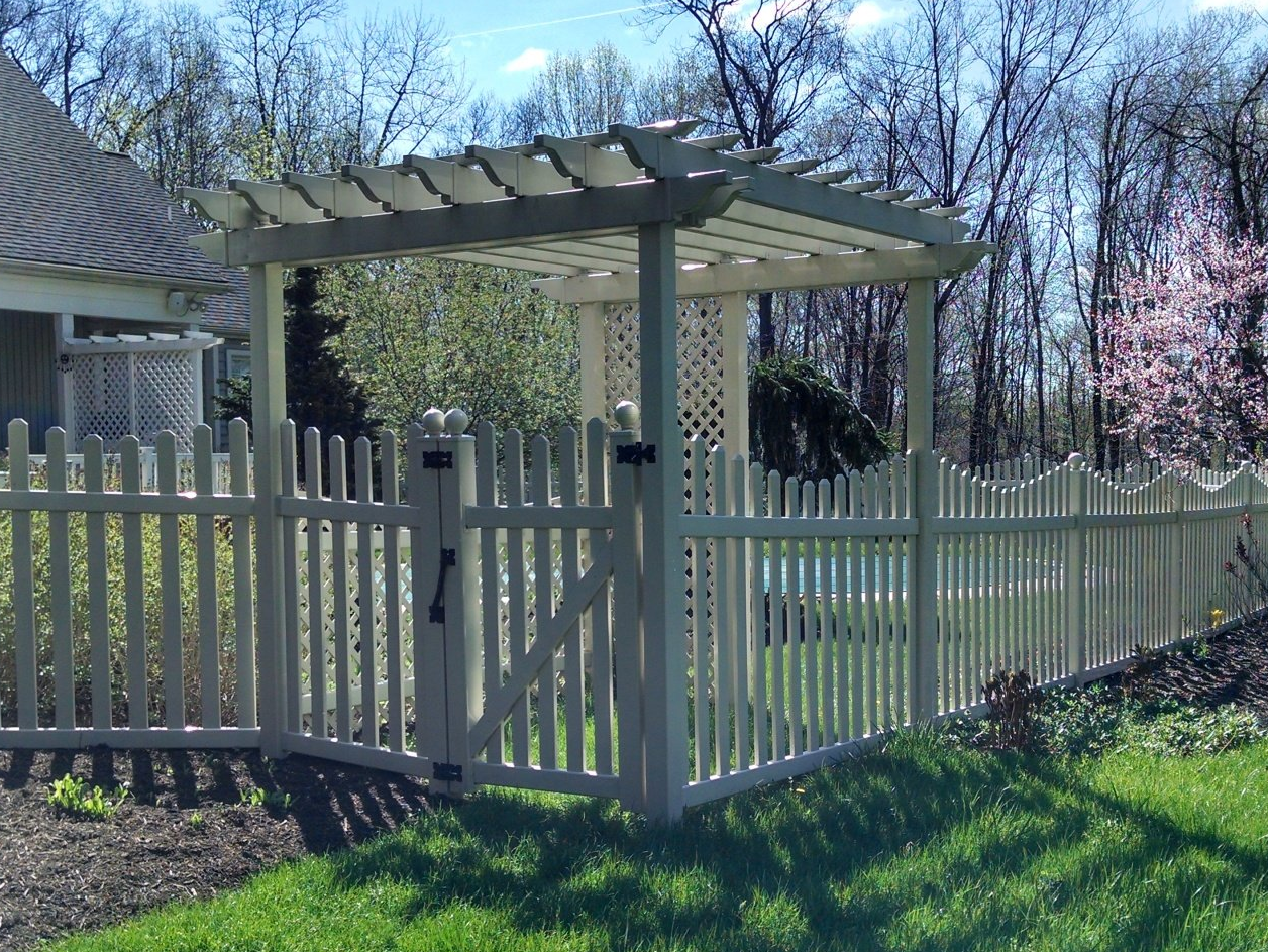 White picket fence with gate, pergola, and green grass on a sunny day.