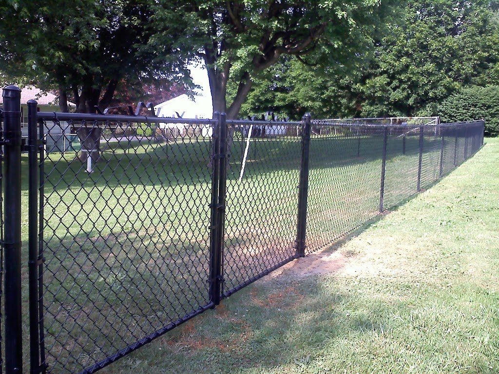 Black chain-link fence, gate open, bordering a green lawn, trees in background.