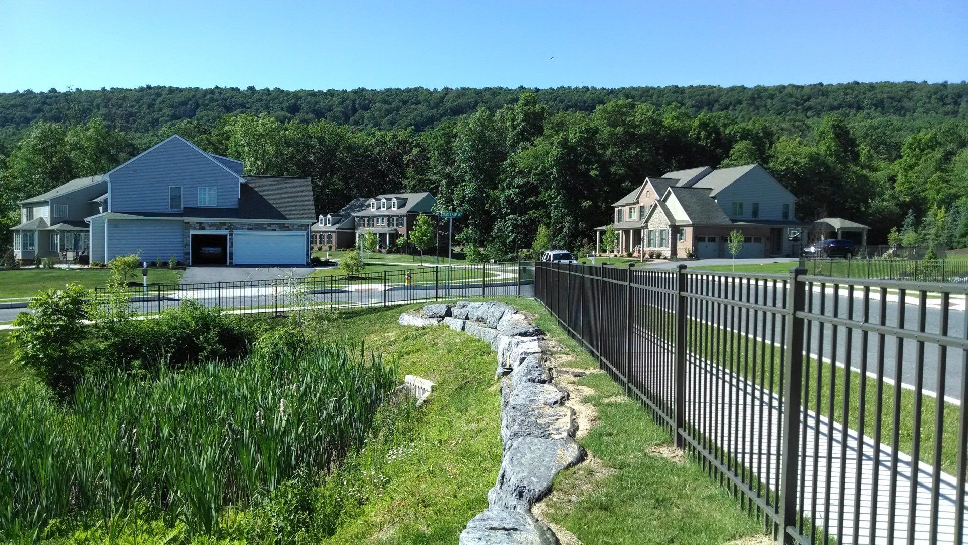 Houses and a road with a black fence alongside a wetland area, backed by trees and a hillside on a sunny day.