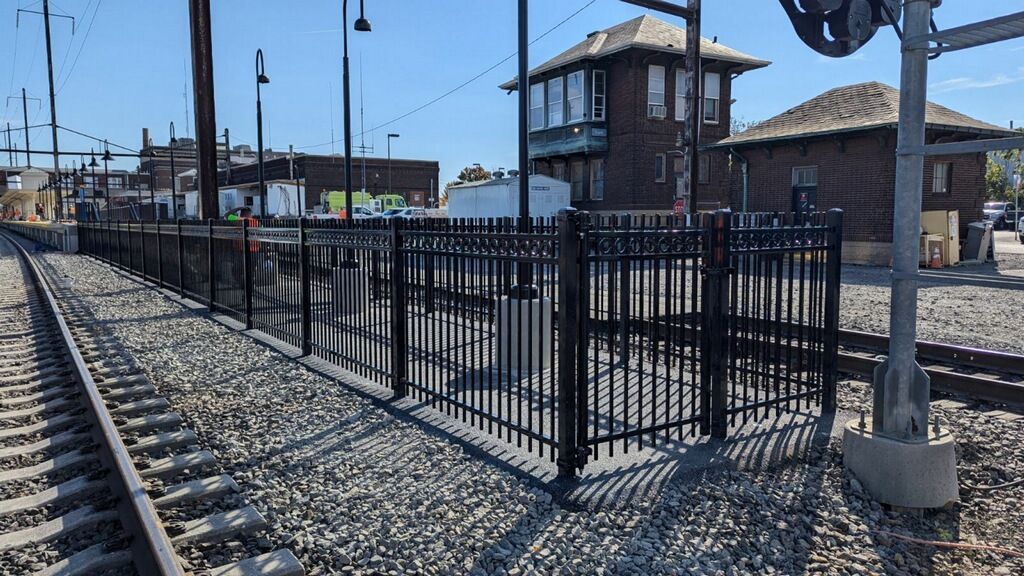 Centurion steel picket fence installed at Amtrak Train Station in Lancaster PA by Millcreek Fence