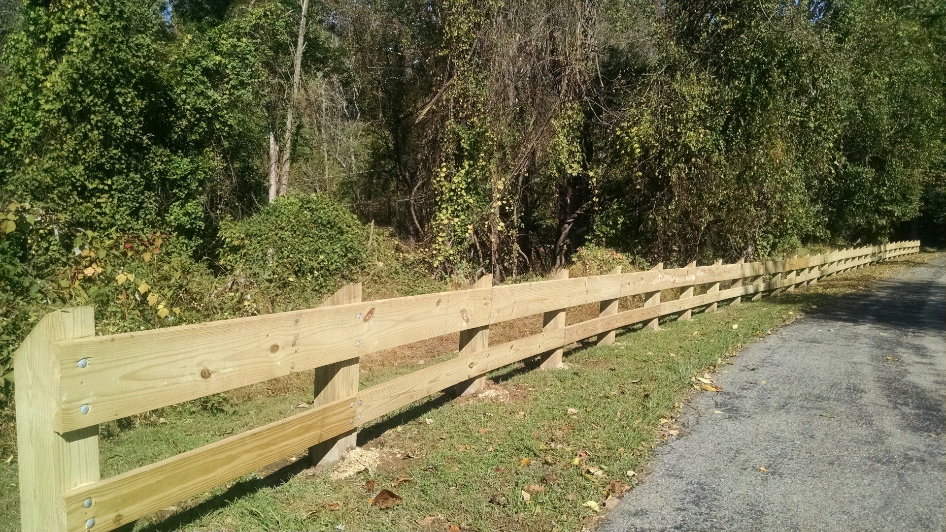 Wooden split-rail fence alongside a gravel path, bordering green foliage. Sunny outdoor setting.