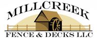 Millcreek Fence & Decks logo with fencing and decking material and large lettering