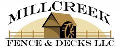 Millcreek Fence & Decks logo with fencing and decking material and large lettering