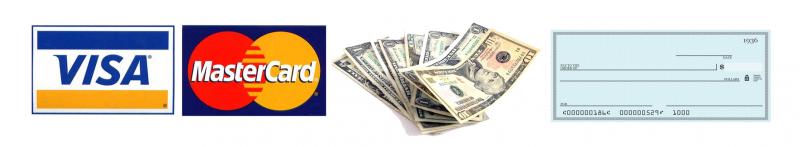 Logos for Visa and Mastercard, cash, and a check.