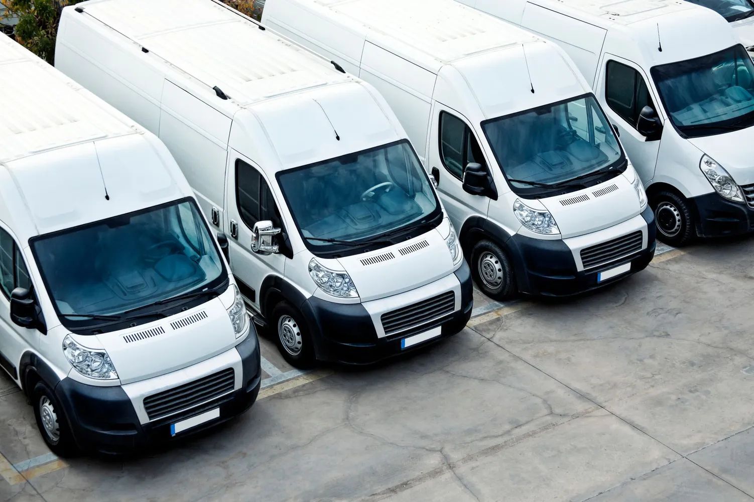 White delivery vans parked in a row on a gray surface, suggesting a business or fleet.