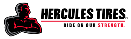 Hercules Tires logo with a red and black silhouette of a muscular man.  