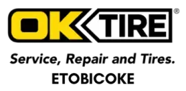 OK Tire logo with yellow and black text, offering service, repair, and tires in Etobicoke.