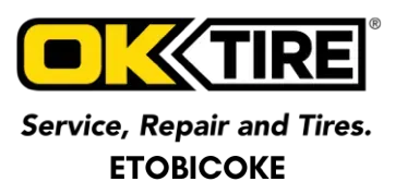 OK Tire logo in yellow and black. Text: Service, Repair and Tires. ETIBICOKE.